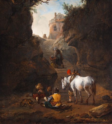 Peasants playing cards by a white horse