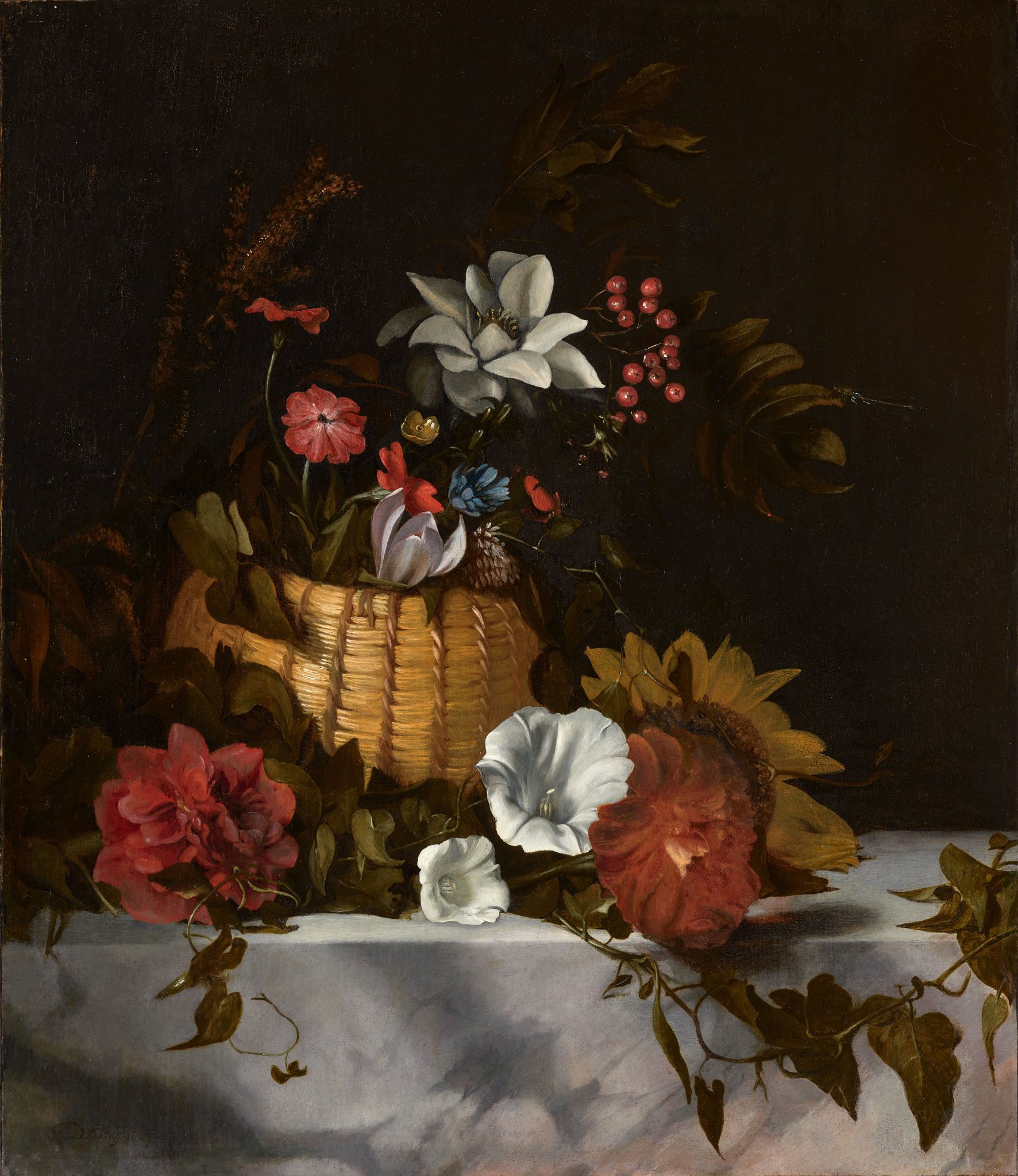 Still Life of a Basket of Flowers on a Marble Ledge
