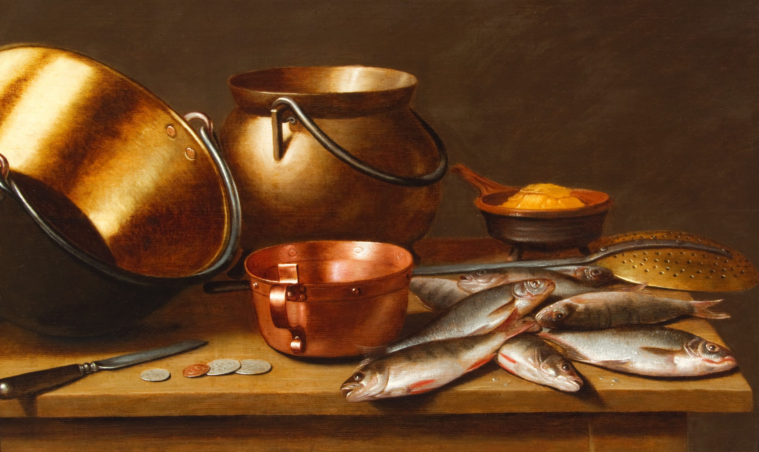 A Still life of Fish with Copperware on a Table