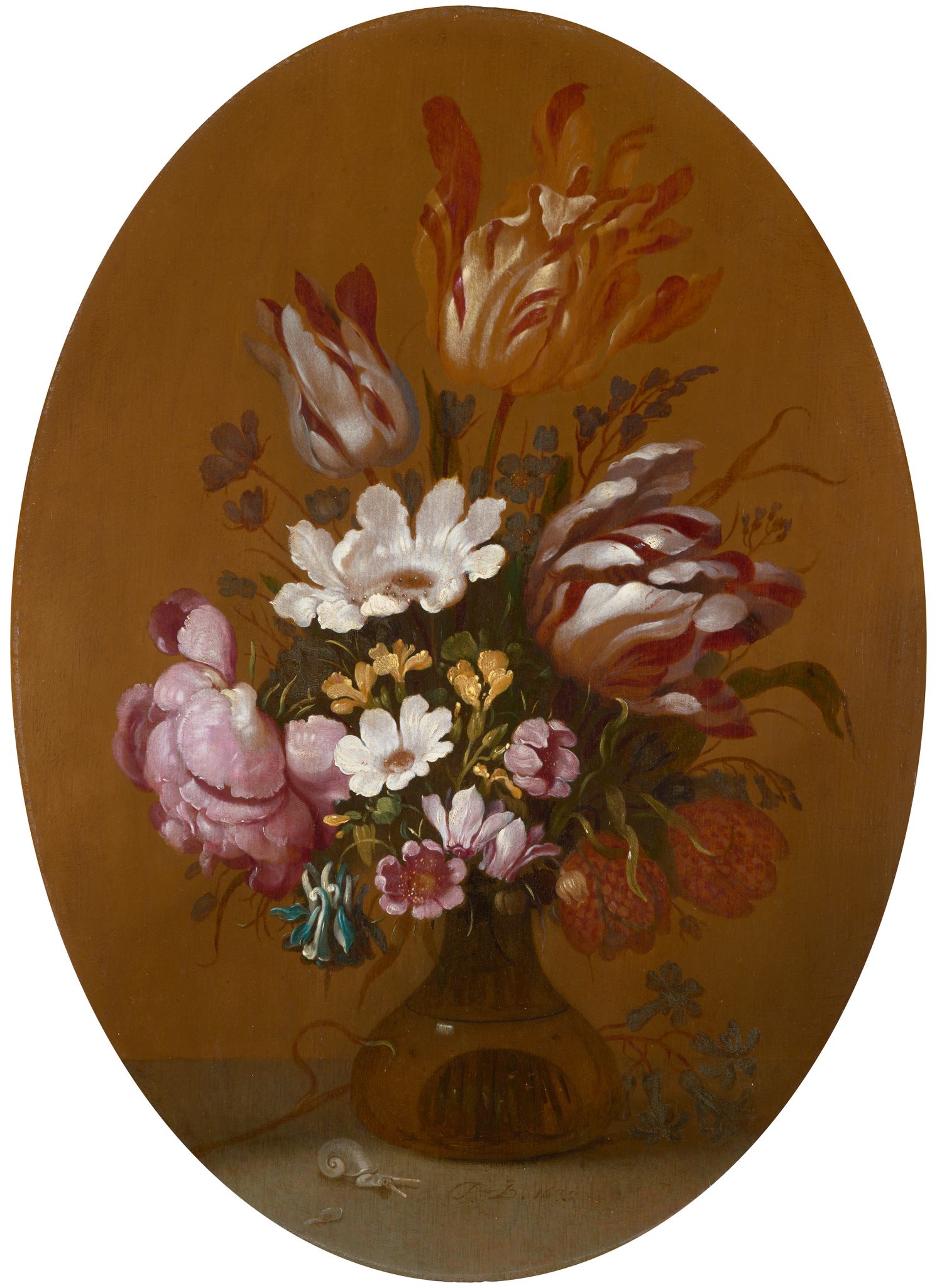 A still life of parrat tulips, roses and other flowers in a Glass Vase