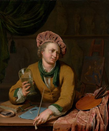 An artist (self-portrait?) holding a glass of wine in his studio
