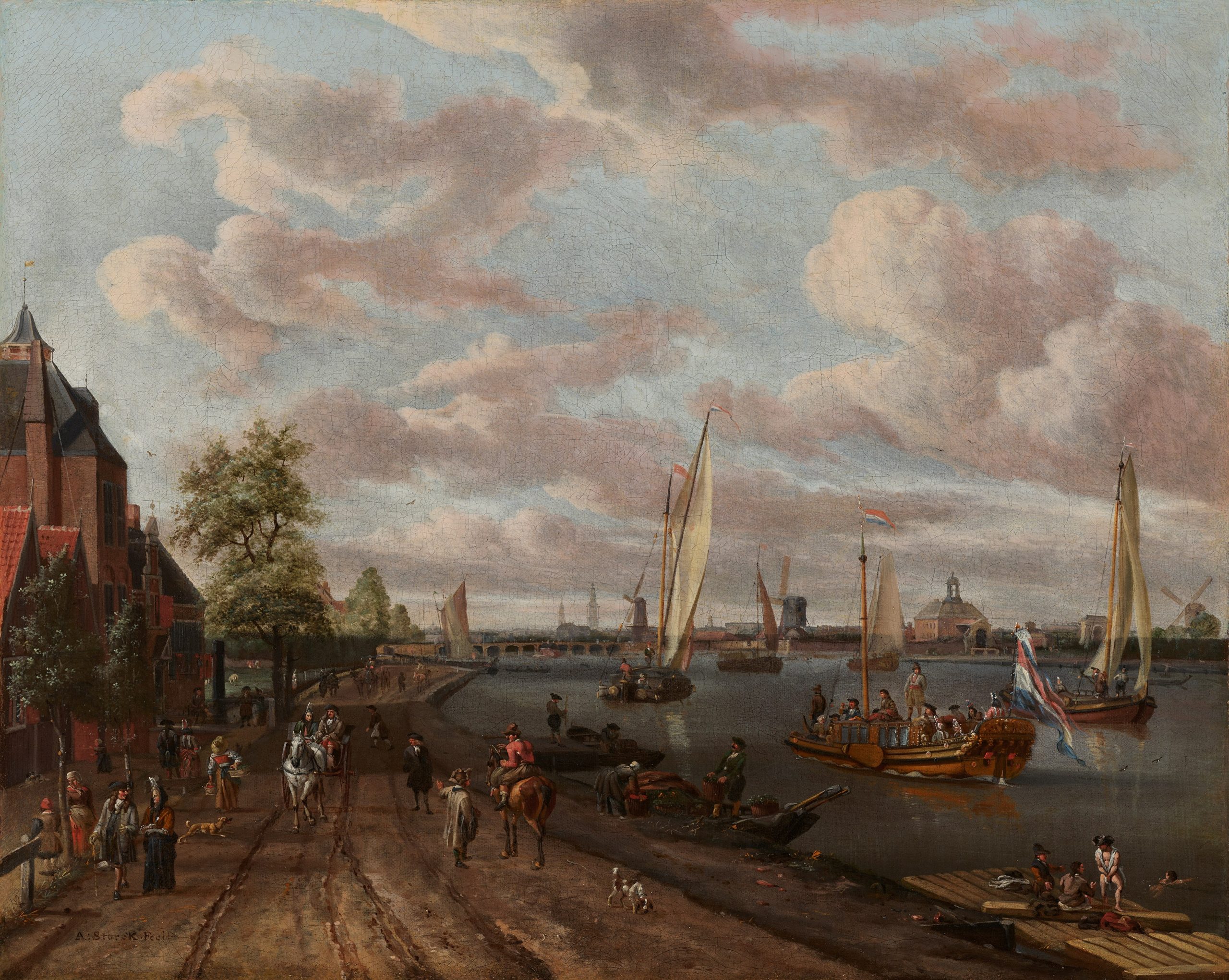 Panoramic view of Amsterdam with a trekschuit on the Buiten-Amstel